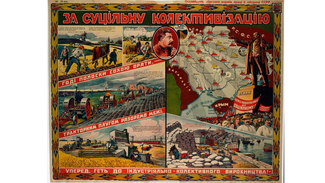 Das sowjetische Propaganda-Plakat aus dem 40er Jahren zeigt die Landwirtschaft in der Kornkammer Ukraine in schönsten Farben; im Zentrum oben das Portrait von Josef Stalin Das sowjetische Propaganda-Plakat aus dem 40er Jahren zeigt die Landwirtschaft in der Kornkammer Ukraine in schönsten Farben; im Zentrum oben das Portrait von Josef Stalin