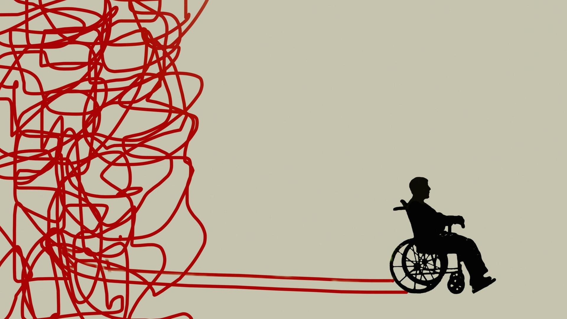 Eine Illustration zeigt einen Mann im Rollstuhl auf seinem Weg aus dem Gewirr roter Linien. Eine Illustration zeigt einen Mann im Rollstuhl auf seinem Weg aus dem Gewirr roter Linien.