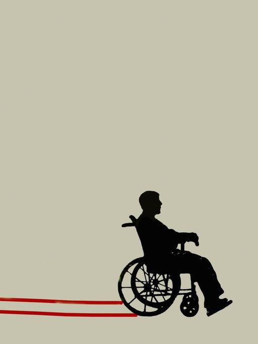 Eine Illustration zeigt einen Mann im Rollstuhl auf seinem Weg aus dem Gewirr roter Linien.