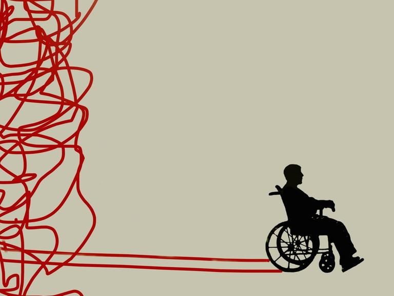 Eine Illustration zeigt einen Mann im Rollstuhl auf seinem Weg aus dem Gewirr roter Linien.
