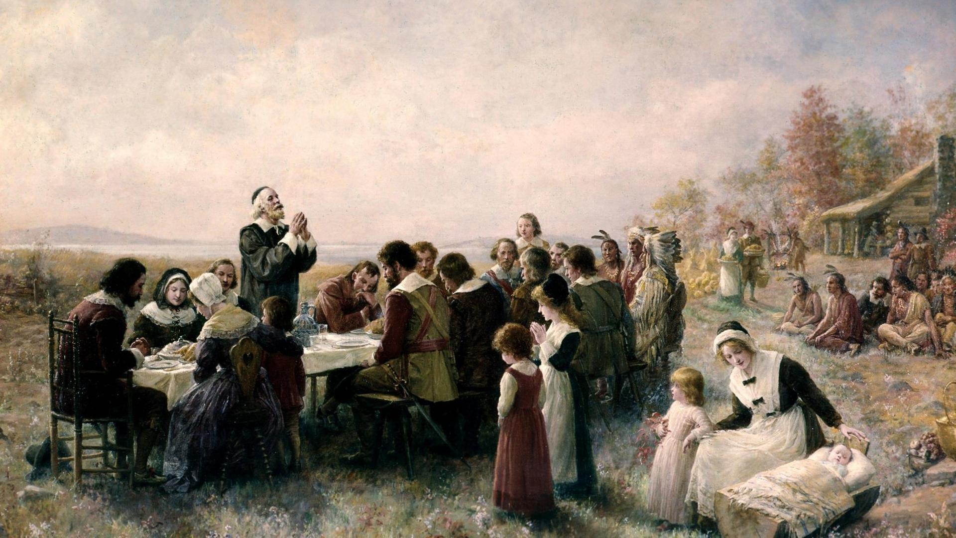 "Das erste Thanksgiving in Plymouth", Ölgemälde von Jennie A. Brownscombe "Das erste Thanksgiving in Plymouth", Ölgemälde von Jennie A. Brownscombe