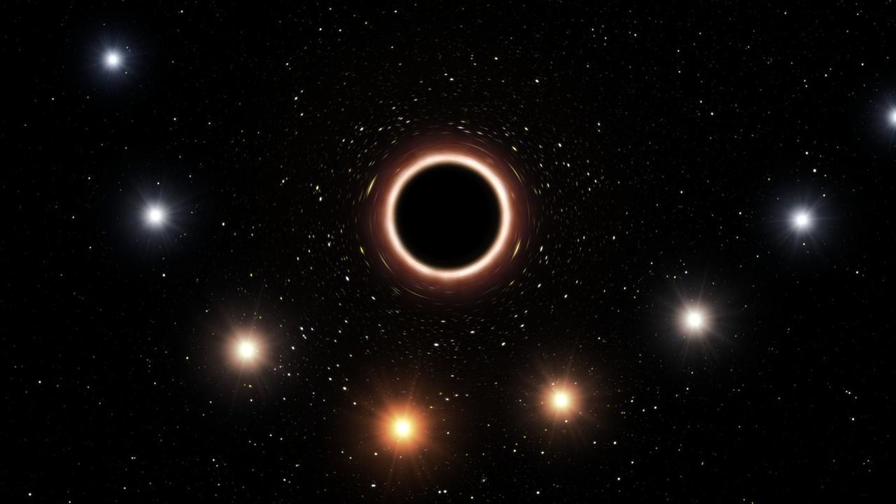 Künstlerische Darstellung der gravitativen Rotverschiebung, die der Stern S2 beim nahen Vorbeigang am Schwarzen Loch erfährt.