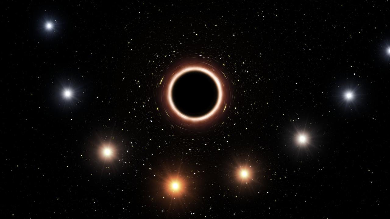 Künstlerische Darstellung der gravitativen Rotverschiebung, die der Stern S2 beim nahen Vorbeigang am Schwarzen Loch erfährt. Künstlerische Darstellung der gravitativen Rotverschiebung, die der Stern S2 beim nahen Vorbeigang am Schwarzen Loch erfährt.