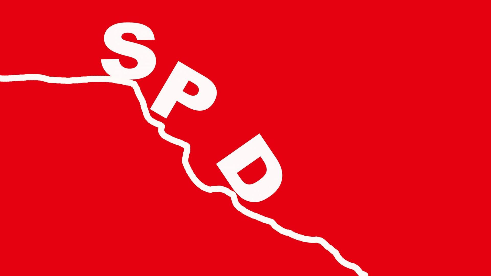 Roter Hintergrund, darauf eine absteigende Kurye und darauf puzeln die Buchstaben SPD nach unten.