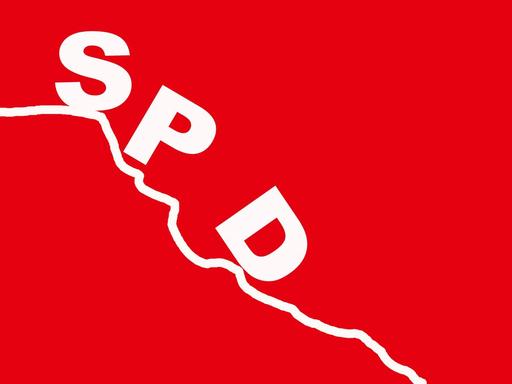 Roter Hintergrund, darauf eine absteigende Kurye und darauf puzeln die Buchstaben SPD nach unten.
