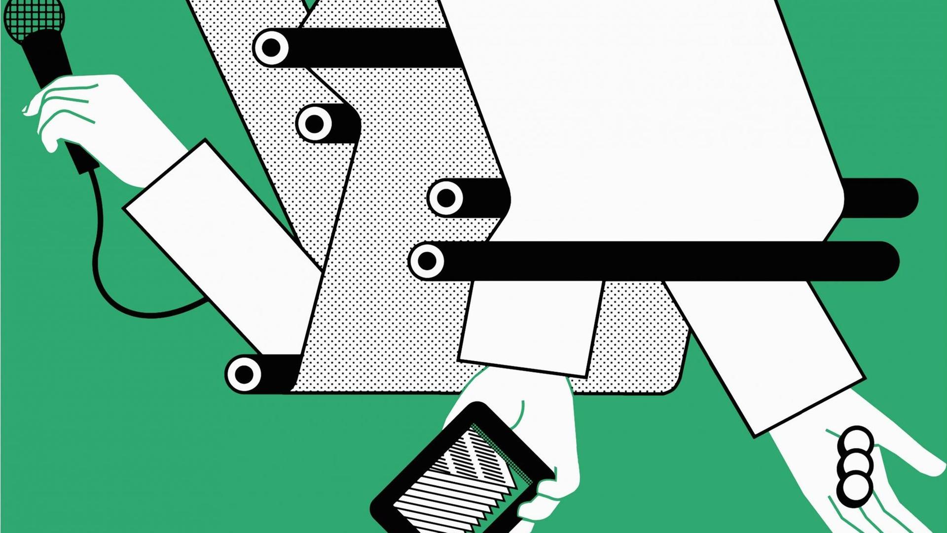 Illustration: Aus einer Druckerpresse ragen Arme mit Mikrofon, Notizblock und Kamera Illustration: Aus einer Druckerpresse ragen Arme mit Mikrofon, Notizblock und Kamera