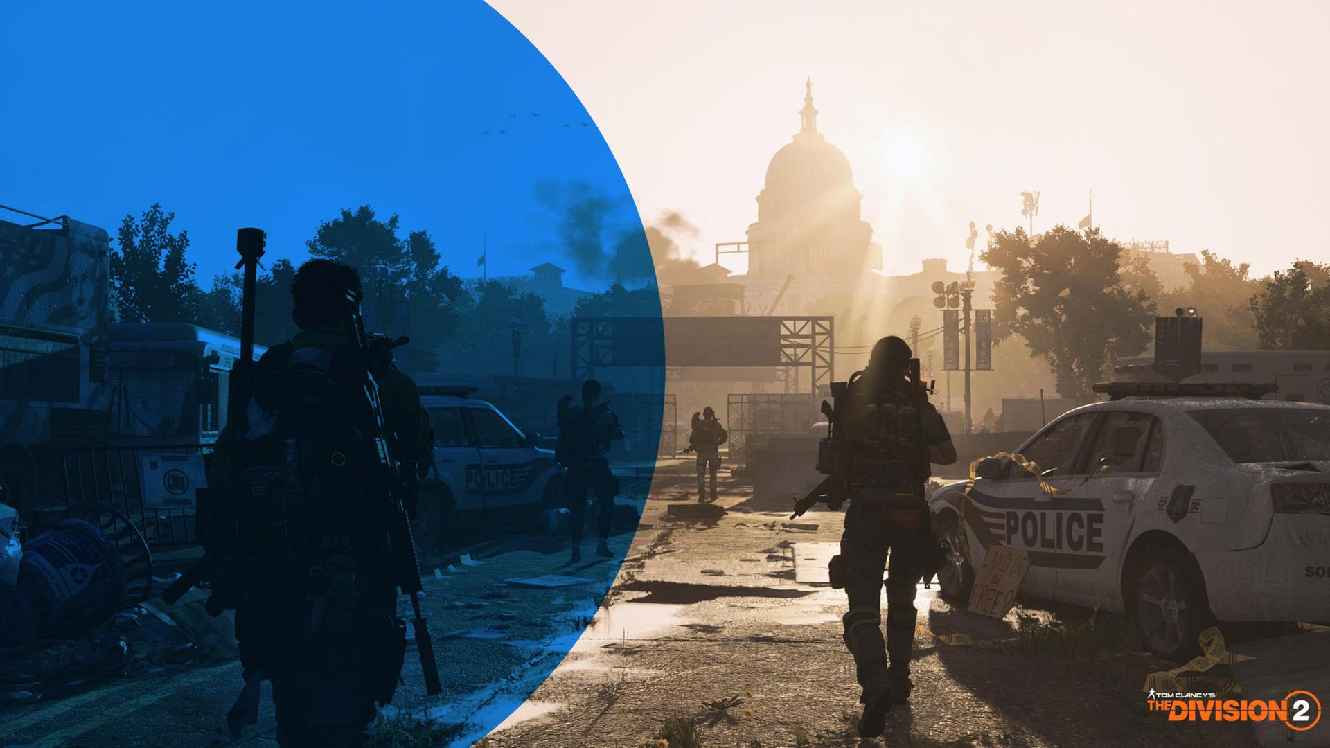 Ein Screenshot aus dem Ubisoft-Titel "Tom Clancy's The Division 2" - bewaffnete Kämpfer rücken durch ein zerstörtes Washington DC in Richtung Capitol Hill vor.