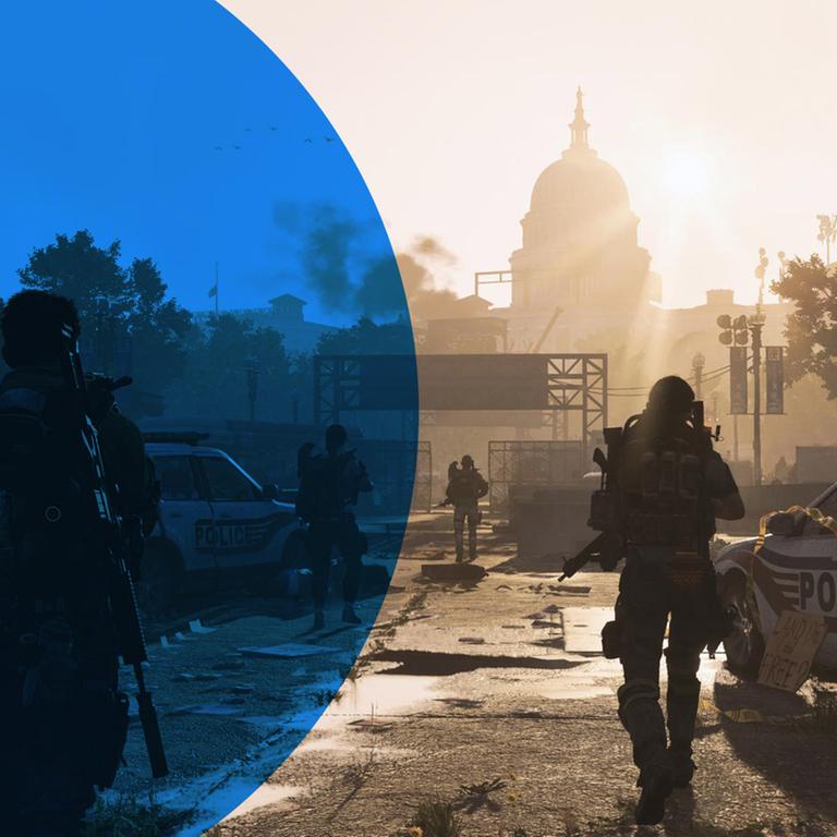 Ein Screenshot aus dem Ubisoft-Titel "Tom Clancy's The Division 2" - bewaffnete Kämpfer rücken durch ein zerstörtes Washington DC in Richtung Capitol Hill vor. Ein Screenshot aus dem Ubisoft-Titel "Tom Clancy's The Division 2" - bewaffnete Kämpfer rücken durch ein zerstörtes Washington DC in Richtung Capitol Hill vor.