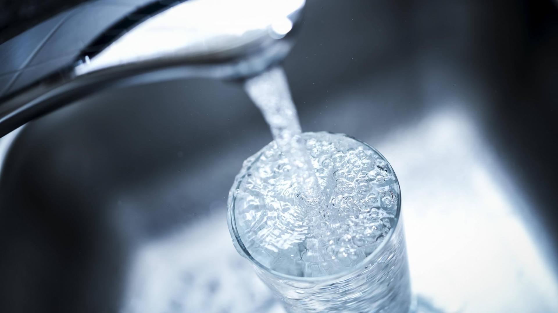 Ein Glas läuft unter einem laufender Wasserhahn voll Ein Glas läuft unter einem laufender Wasserhahn voll