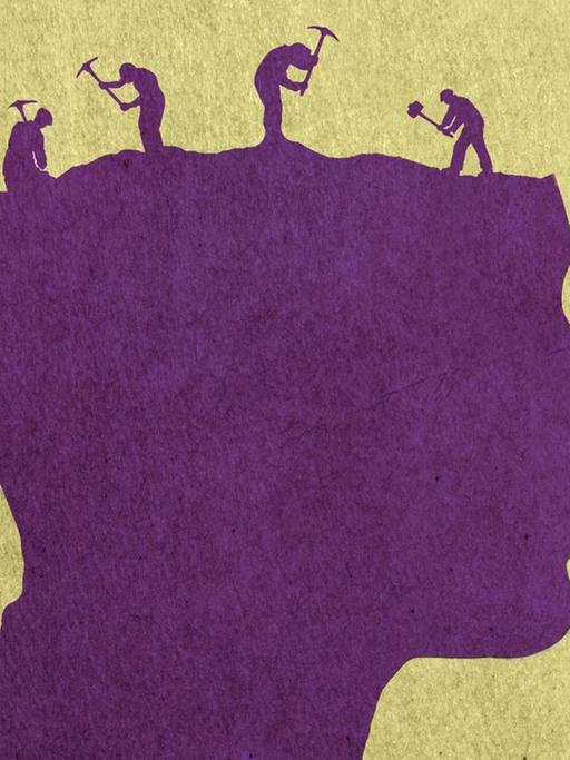 Illustration eines Kopfs im Profil, der langsam von Bauarbeitern abgetragen wird.