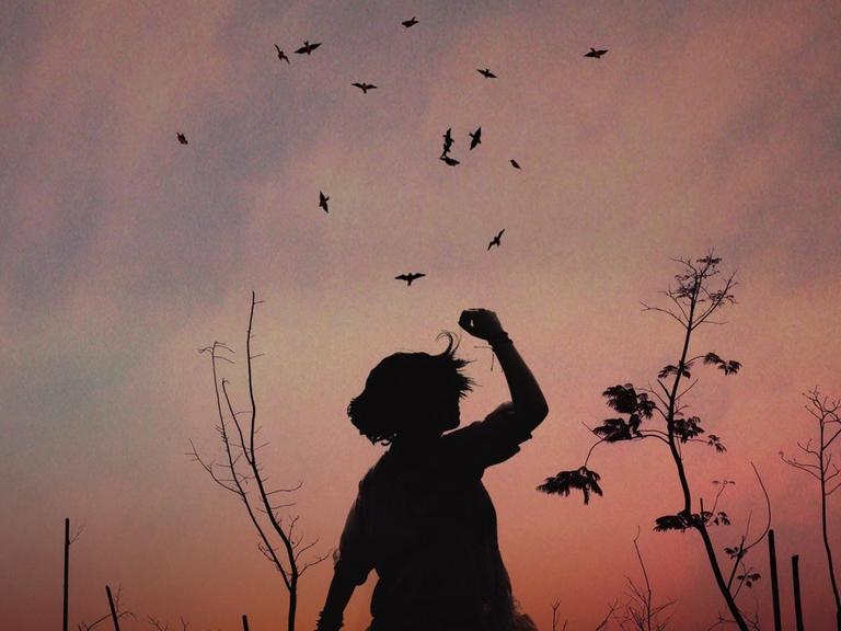 Dämmerungsaufnahme auf einer Lichtung mit den Silhouette eines Mädchens, die ihren Arm in die Höhe hält und einem Vogelschwarm über ihr.