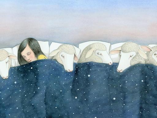 Illustration einer Frau die mit Schafen in einem Bett schläft.