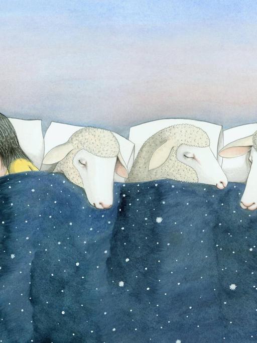 Illustration einer Frau die mit Schafen in einem Bett schläft.