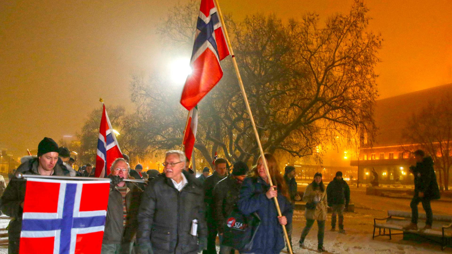 Norwegische Sympathisanten von Pegida demonstrieren am 12.01.2015 in Oslo. Norwegische Sympathisanten von Pegida demonstrieren am 12.01.2015 in Oslo.