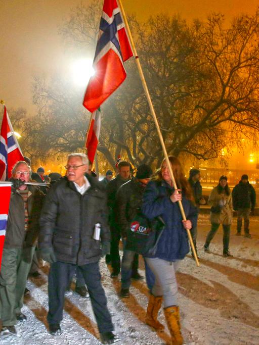 Norwegische Sympathisanten von Pegida demonstrieren am 12.01.2015 in Oslo.