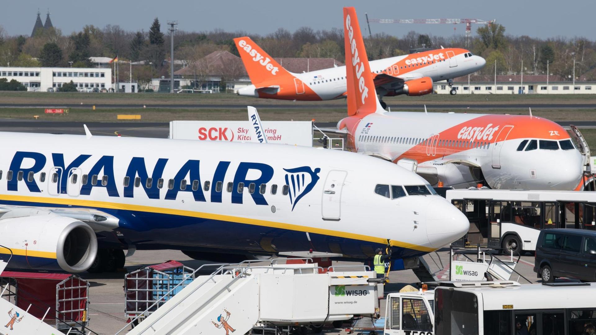 Flugzeuge der Gesellschaften Ryanair und Easyjet stehen auf dem Rollfeld des Flughafen Tegel. Flugzeuge der Gesellschaften Ryanair und Easyjet stehen auf dem Rollfeld des Flughafen Tegel.