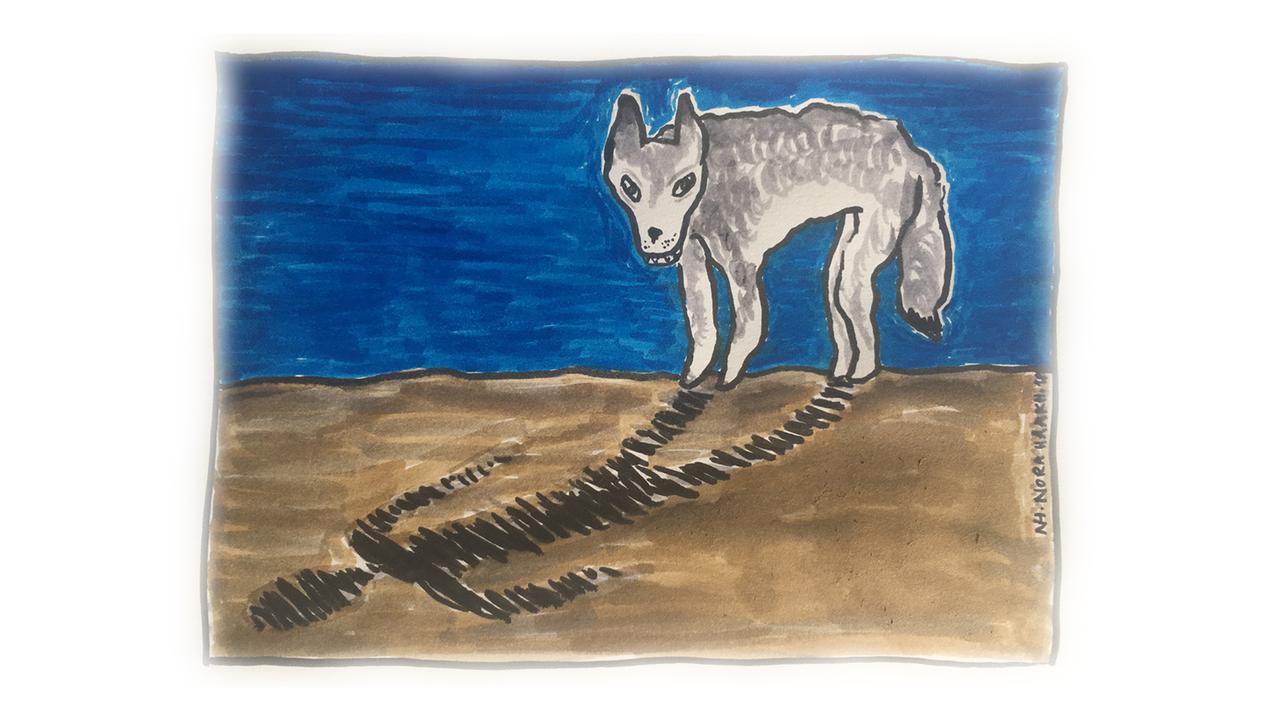 Zeichnung eines Wolfes, der einen menschlichen Schatten wirft Zeichnung eines Wolfes, der einen menschlichen Schatten wirft