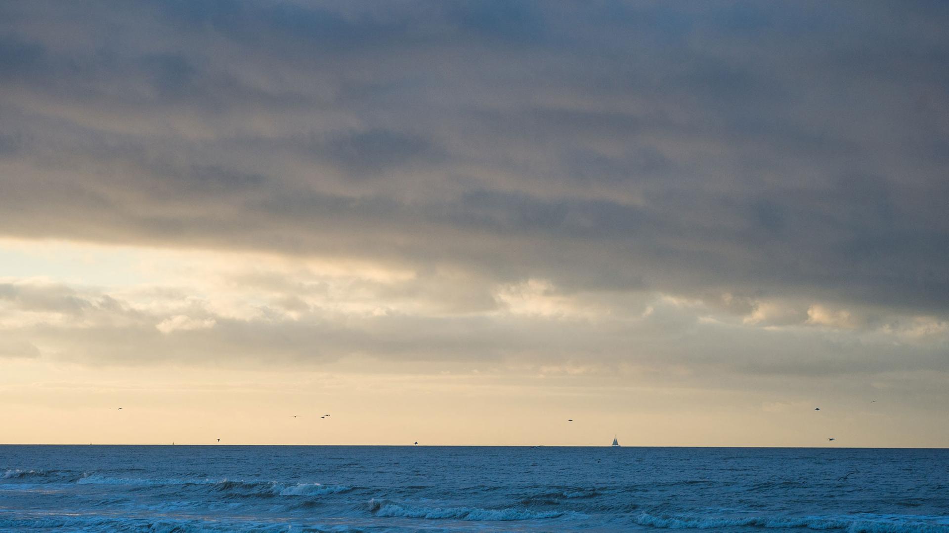 Ein Segelboot am 29.12.2015 am Horizont auf der Nordsee in Westende (Belgien). Foto: Lukas Schulze