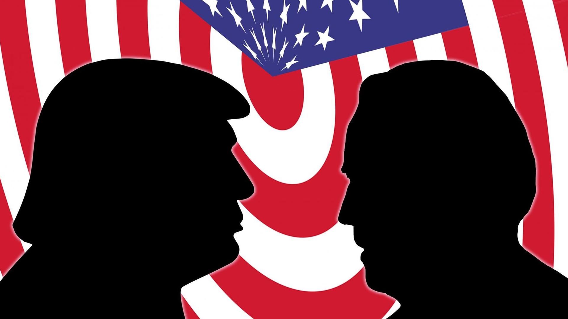 Donald J. Trump und Joe Biden vor US-Flagge (Fotomontage) Donald J. Trump und Joe Biden vor US-Flagge (Fotomontage)