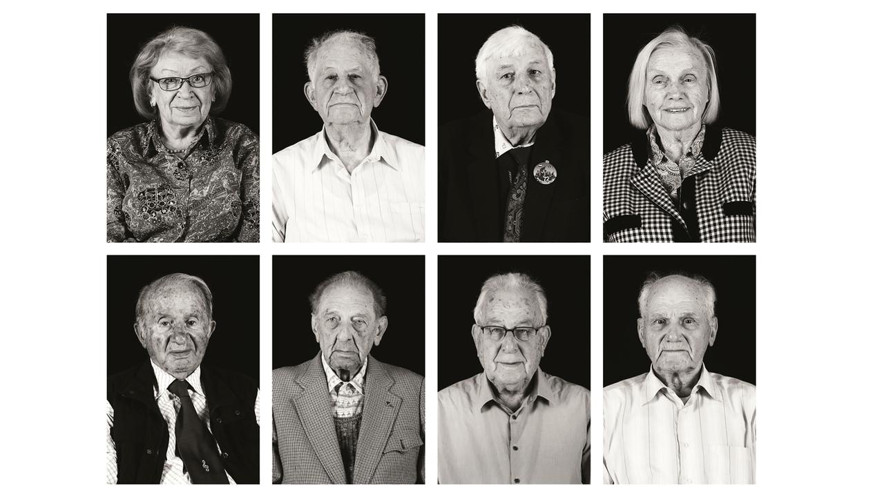 Acht Portraits von ehemaligen Häftlingen des Konzentrationslagers Buchenwald.