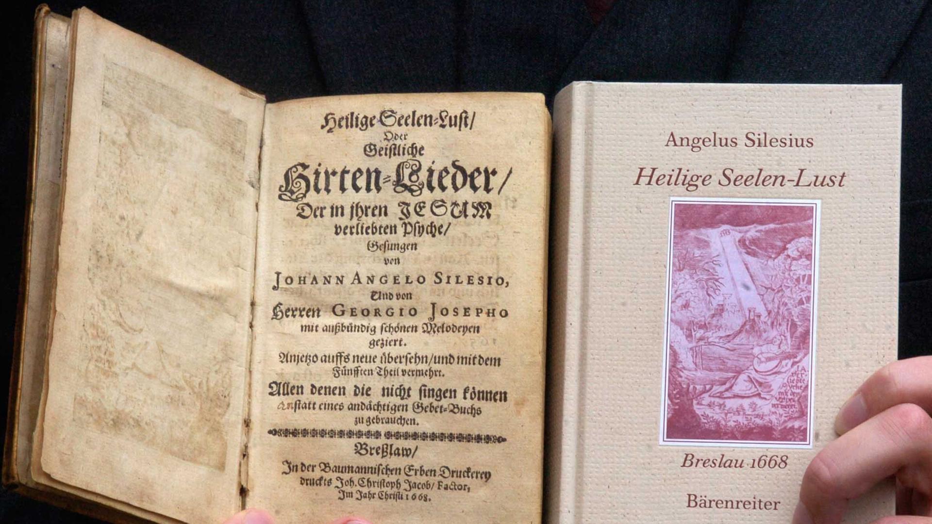 Das Original (l) und ein Reprint der "Hirten-Lieder" werden am Mittwoch (03.11.2004) in Mainz vorgestellt. Die "Heilige Seelen-Lust", ein Faksimile nach dem Exemplar der Martinus-Bibliothek (Wissenschaftliche Diözesanbliothek Mainz) von 1668 wird von dem renommierten Musikverlag Bärenreiter in Kassel verlegt. Damit dokumentiert das traditionsreiche Mainzer Bistum seine Bereitschaft, wertvolle Bücher nicht nur zu sammeln und zu hüten, sondern auch einer breiten Öffentlichkeit zur Verfügung zu stellen. Dem Autor, Angelus Silesius, 1624 in Breslau mit bürgerlichen Namen Johann Scheffler geboren, und auch als "schlesischer Boten" tituliert, soll es eine Lust gewesen sein, Gott mit Liedern zu preisen. Das Original (l) und ein Reprint der "Hirten-Lieder" werden am Mittwoch (03.11.2004) in Mainz vorgestellt. Die "Heilige Seelen-Lust", ein Faksimile nach dem Exemplar der Martinus-Bibliothek (Wissenschaftliche Diözesanbliothek Mainz) von 1668 wird von dem renommierten Musikverlag Bärenreiter in Kassel verlegt. Damit dokumentiert das traditionsreiche Mainzer Bistum seine Bereitschaft, wertvolle Bücher nicht nur zu sammeln und zu hüten, sondern auch einer breiten Öffentlichkeit zur Verfügung zu stellen. Dem Autor, Angelus Silesius, 1624 in Breslau mit bürgerlichen Namen Johann Scheffler geboren, und auch als "schlesischer Boten" tituliert, soll es eine Lust gewesen sein, Gott mit Liedern zu preisen.