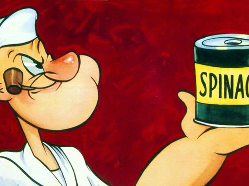 Die Comicfigur Popeye mit einer Dose Spinat