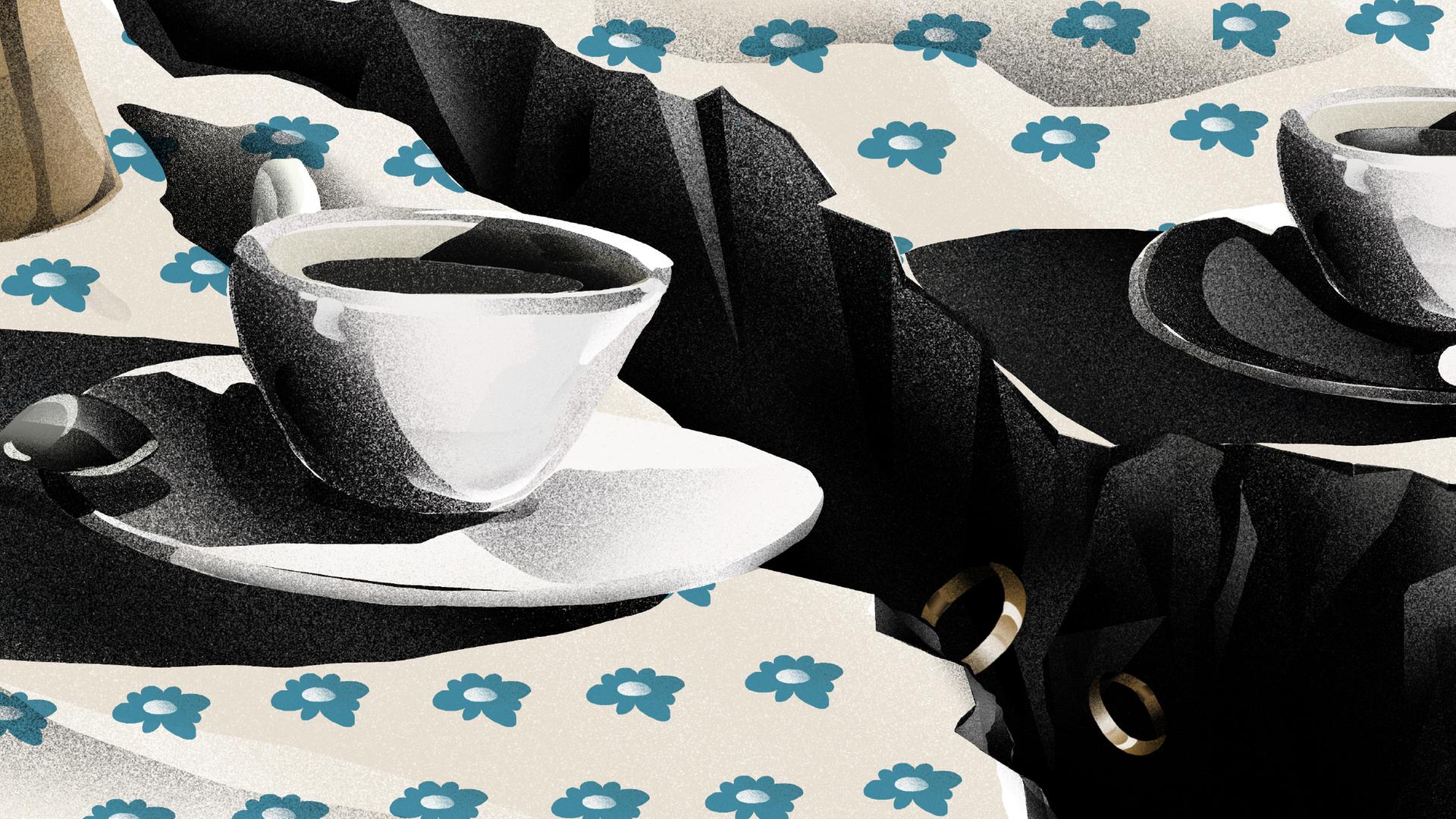 Die Illustration zeigt zwei Kaffeetassen auf einer Tischdecke. Zwischen den Tassen ist ein Graben aufgebrochen, zwei goldene Ringe fallen in den Bruch zwischen den Tassen. Die Illustration zeigt zwei Kaffeetassen auf einer Tischdecke. Zwischen den Tassen ist ein Graben aufgebrochen, zwei goldene Ringe fallen in den Bruch zwischen den Tassen.