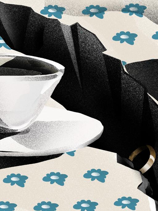 Die Illustration zeigt zwei Kaffeetassen auf einer Tischdecke. Zwischen den Tassen ist ein Graben aufgebrochen, zwei goldene Ringe fallen in den Bruch zwischen den Tassen.