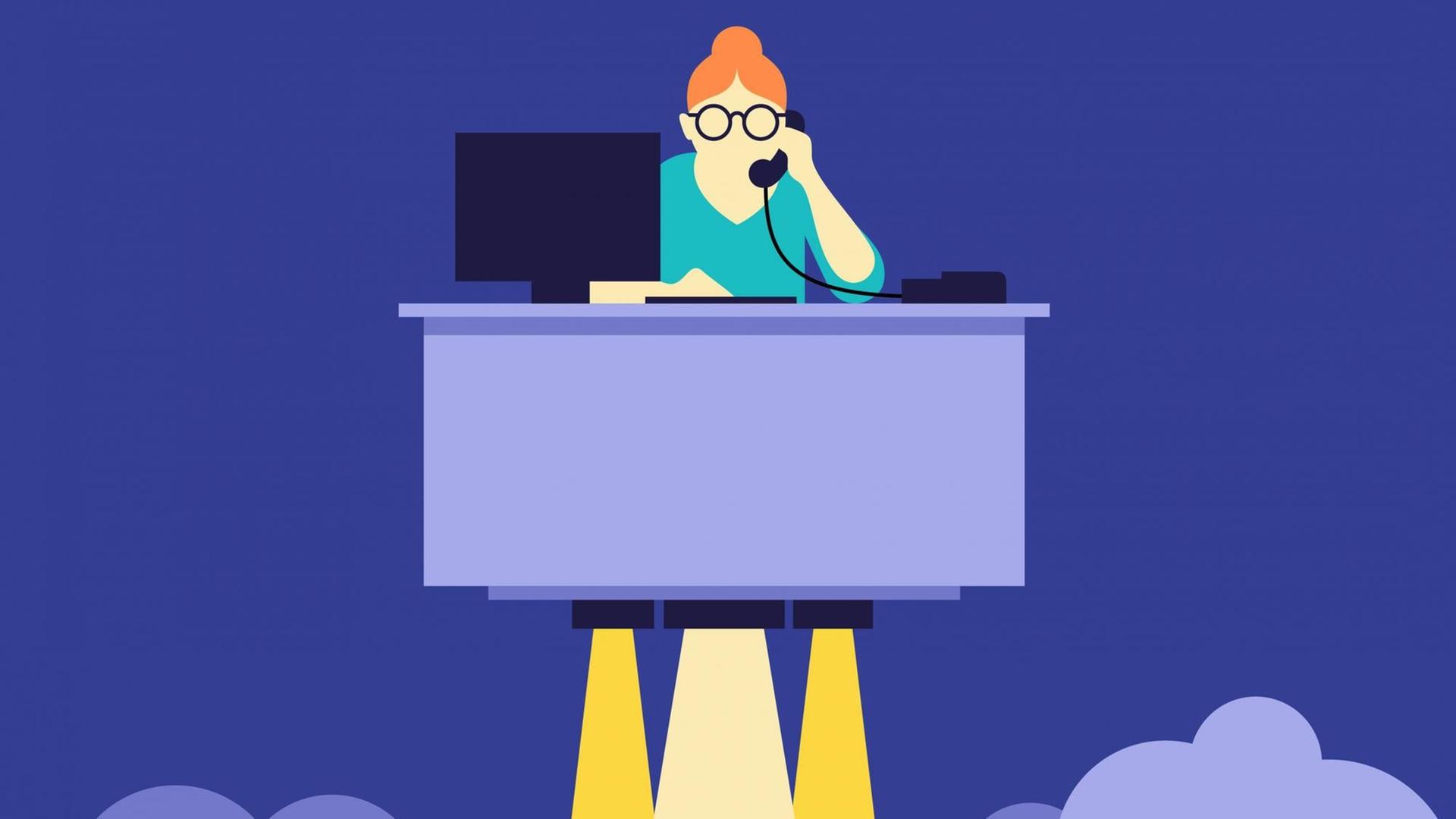 Geschäftsfrau am Schreibtisch hebt ab (Illustration) Geschäftsfrau am Schreibtisch hebt ab (Illustration)
