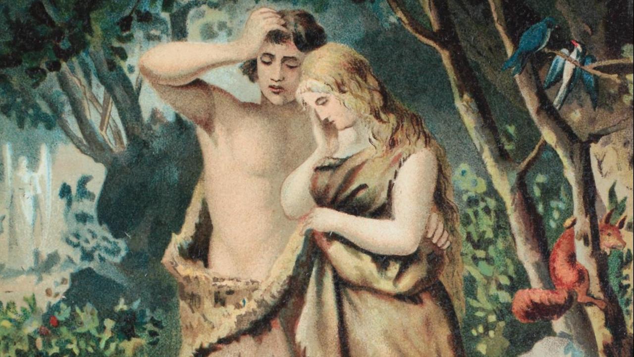 Adam und Eva im Paradies, Chromolithographie aus einer Hausbibel, ca. 1870. Adam und Eva im Paradies, Chromolithographie aus einer Hausbibel, ca. 1870.