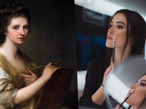 Das Selbstporträt Angelika Kauffmanns neben einem Bild einer Influencerin die gerade ihr Make-up aufträgt. (Collage)