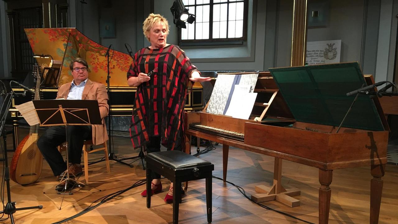 Musikerin mit Instrumenten in einem Saal des Schlosses in Köthen. Musikerin mit Instrumenten in einem Saal des Schlosses in Köthen.