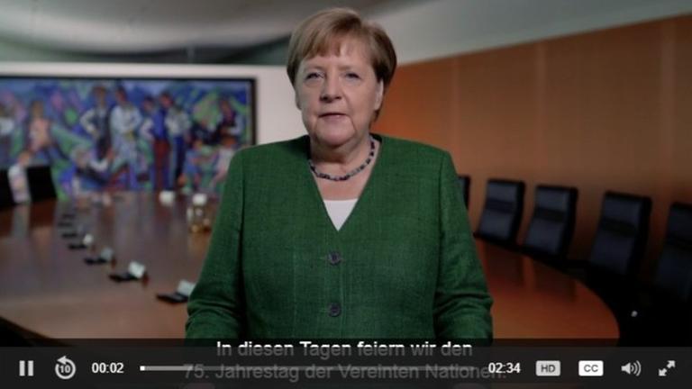 Bundeskanzlerin Angela Merkel spricht am 26.9.2020 in ihrem Video-Podcast Kanzlerin Merkel anlässlich der Generaldebatte der Vereinten Nationen über nachhaltige Entwicklung.