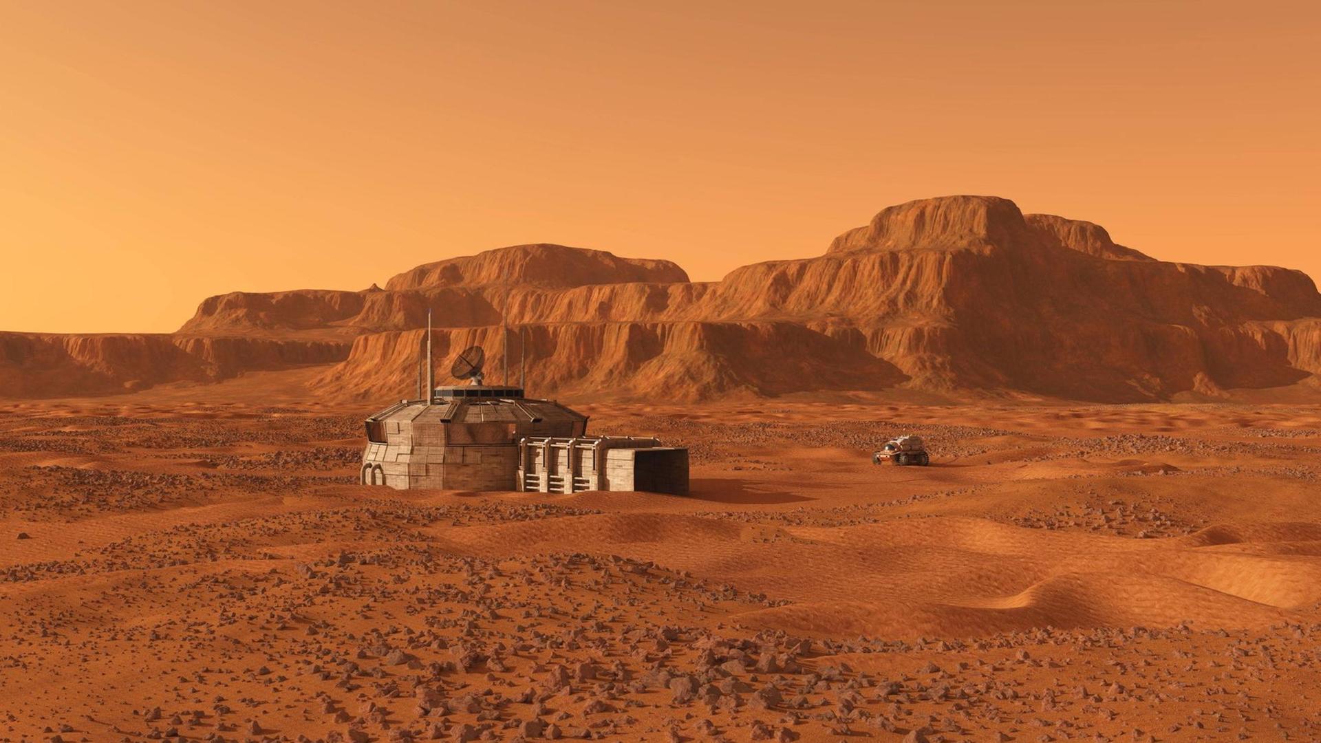 Farbige Illustration einer bewohnten Basis am Mars. Farbige Illustration einer bewohnten Basis am Mars.