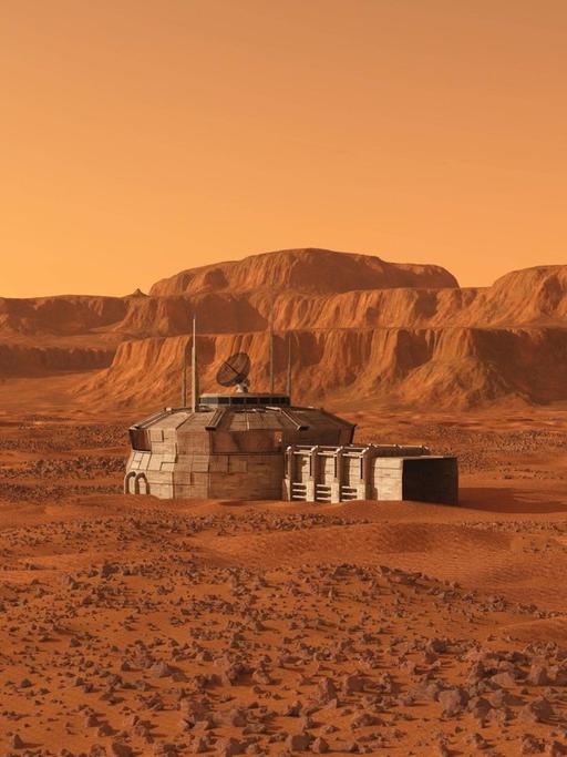 Die künstlerische Darstellung einer festen Marsbasis.