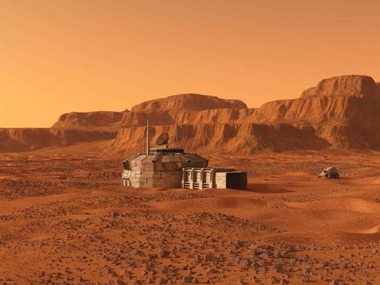 Die künstlerische Darstellung einer festen Marsbasis.
