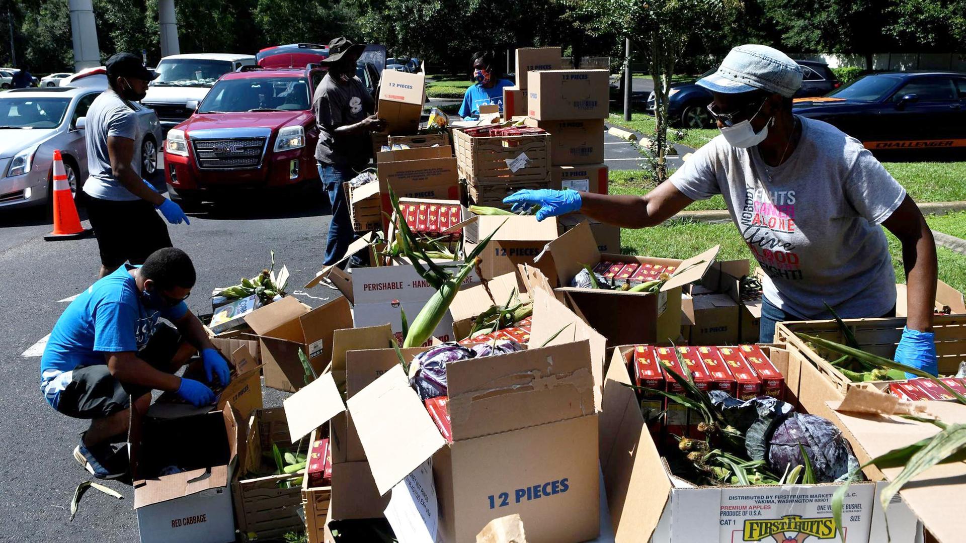 Freiwillige sortieren Lebensmittelspenden in Florida vor ihrer Verteilung, 7.8.2020.