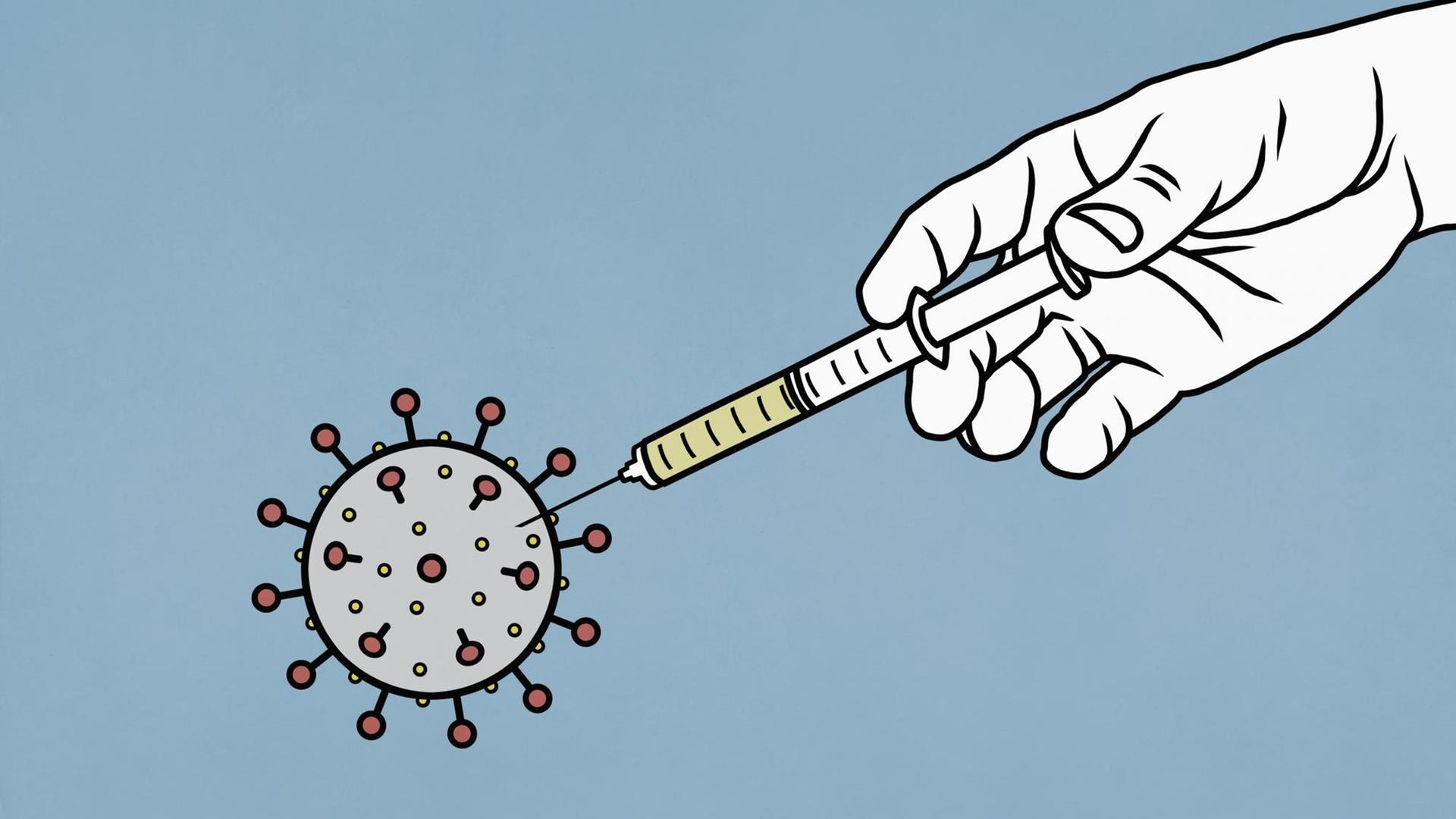 Illustration einer Spritze, die in ein 3D Modell des Coronavirus sticht Illustration einer Spritze, die in ein 3D Modell des Coronavirus sticht