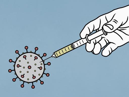 Illustration einer Spritze, die in ein 3D Modell des Coronavirus sticht