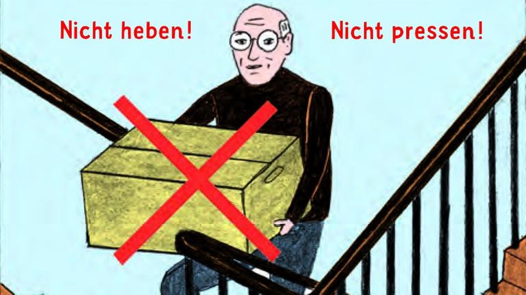 Ein Mann trägt einen rot durchgekreuzten schweren Karton die Treppe hoch - dabei sollte er laut Bildtext eigentlich "Nicht heben" und "Nicht pressen": Patienten-Aufklärungs-Comic der Charité 2522873879_Comic_Heben.jpg
