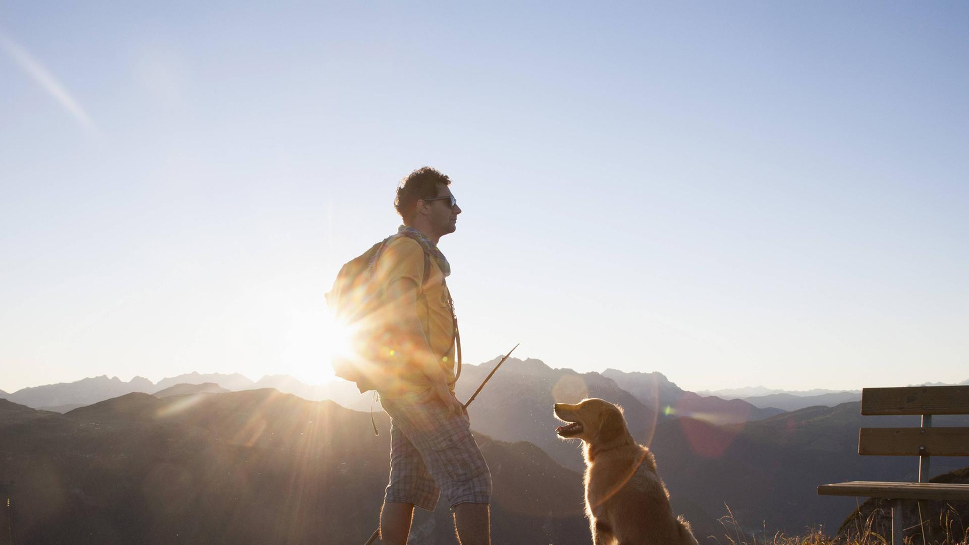 Ein Wanderer spaziert mit seinem Hund in den Bergen.