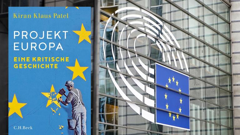 Buchcover: "Projekt Europa". Im Hintergrund die Fassade des Europäischen Parlamentsgebäudes in Brüssel mit dem Logo Buchcover: "Projekt Europa". Im Hintergrund die Fassade des Europäischen Parlamentsgebäudes in Brüssel mit dem Logo