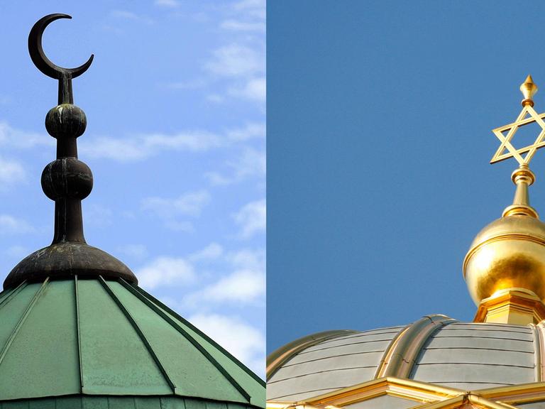 links Moschee in Mannheim, rechts Synagoge in Berlin