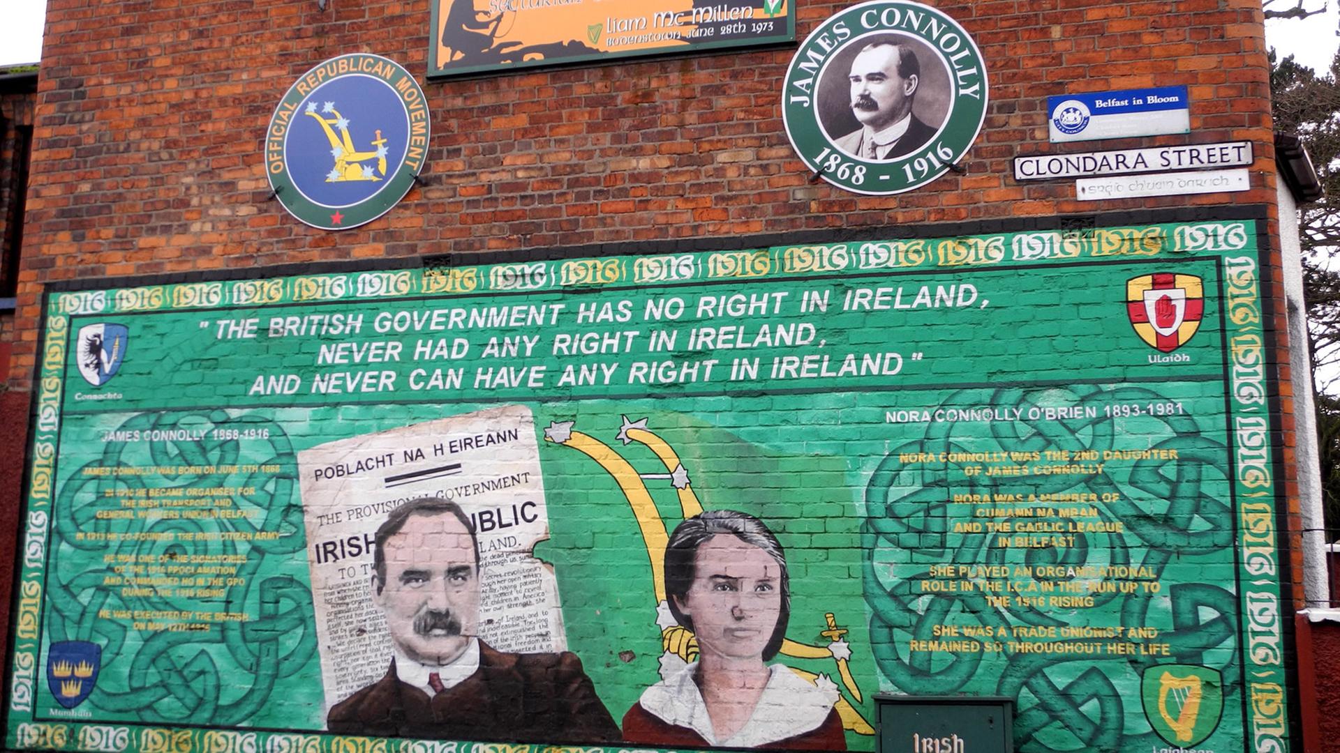 Wandbilder erinnern rund um die Falls Road in Belfast an den Osteraufstand von 1916 in Dublin, aufgenommen am 01.03.2016. Wandbilder erinnern rund um die Falls Road in Belfast an den Osteraufstand von 1916 in Dublin, aufgenommen am 01.03.2016.