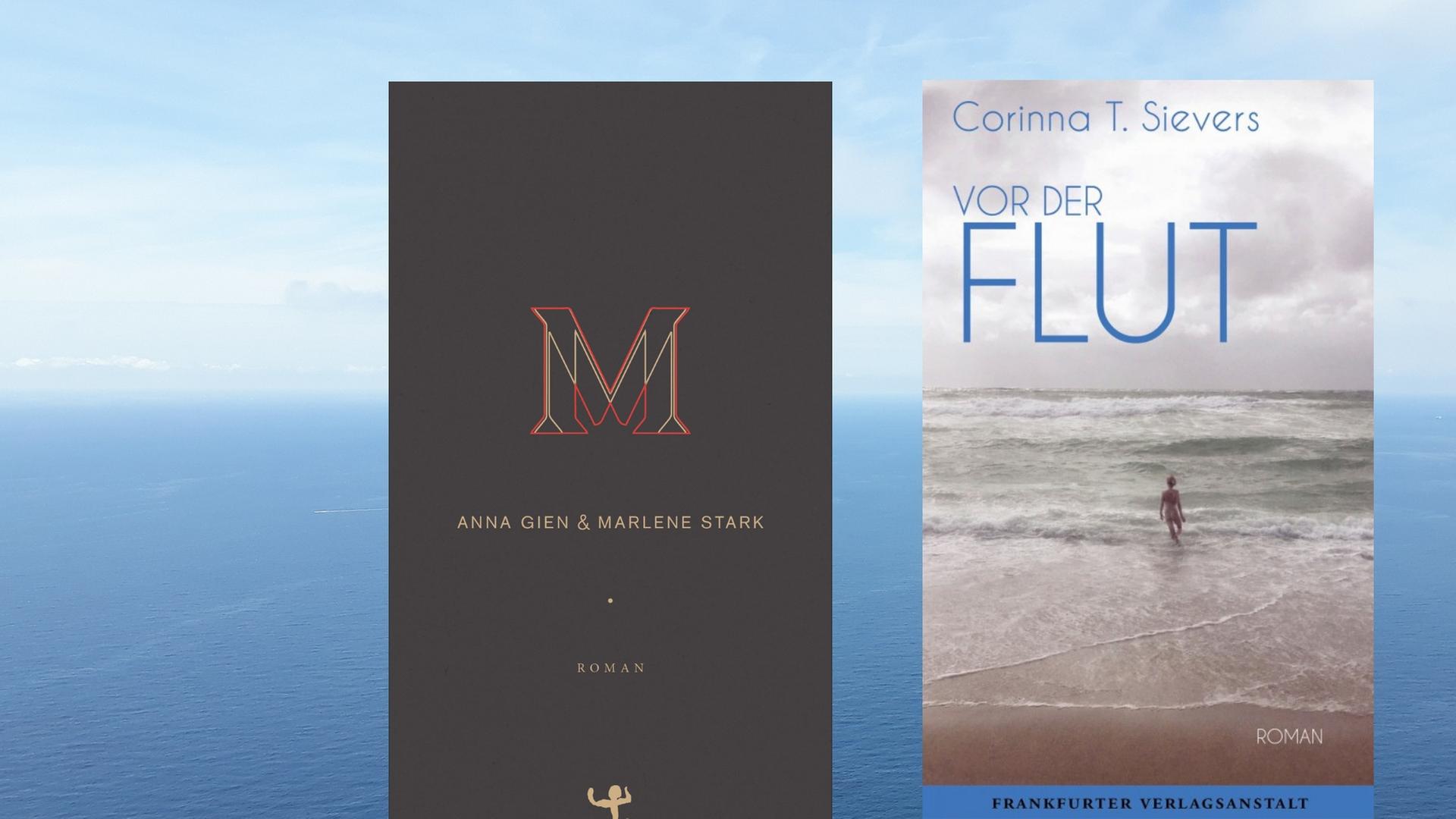 Buchcover links: Anna Gien/Marlene Stark: „M“, Buchcover rechts: Corinna T. Sievers: „Vor der Flut“