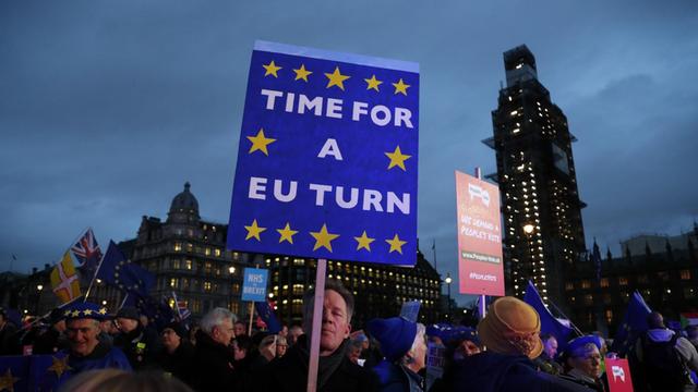 Das Foto zeigt einen pro-europäischen Demonstranten. Er hält ein Plakat mit der Aufschrift "Time for a EU Turn" auf dem Platz vor dem Parlamentsgebäude.