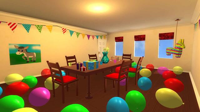 Auf dem Bild sieht man einen Tisch, auf dem Geschenke zu sehen sind. Auf dem Boden liegen bunte Luftballons. Die Szene erinnert an einen Geburtstag.