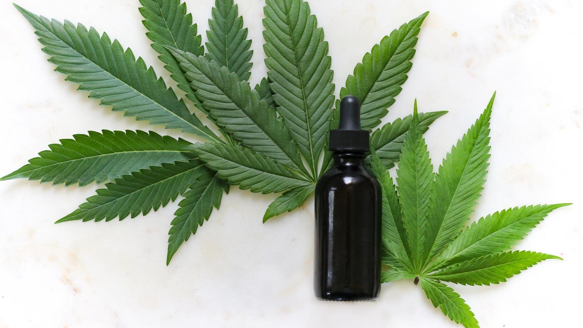 Ein dunkles Glasfläschchen vor Cannabisblättern Ein dunkles Glasfläschchen vor Cannabisblättern