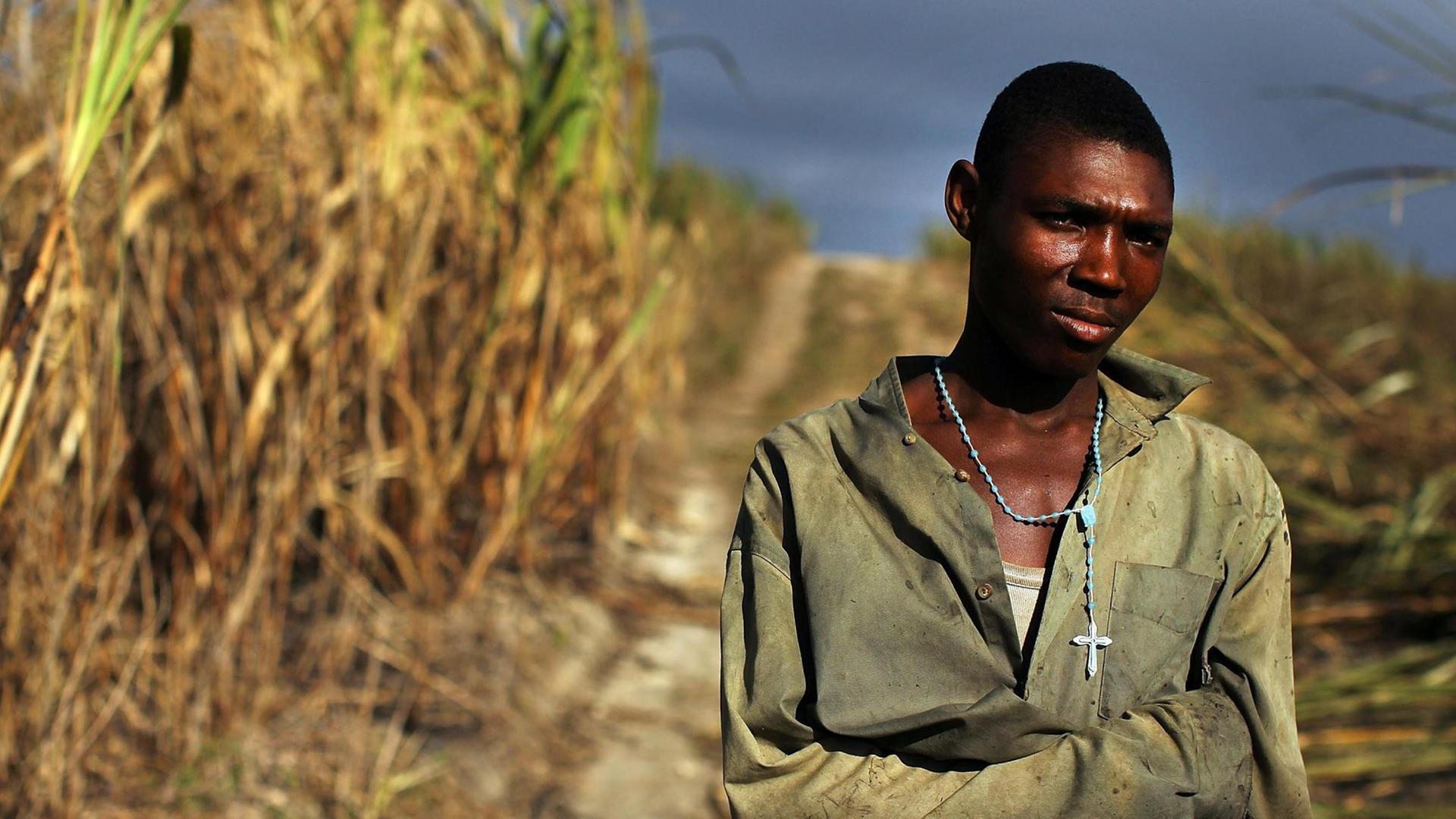 Ein haitianischer Erntehelfer macht eine Pause neben einer Zuckerrohr-Plantage.