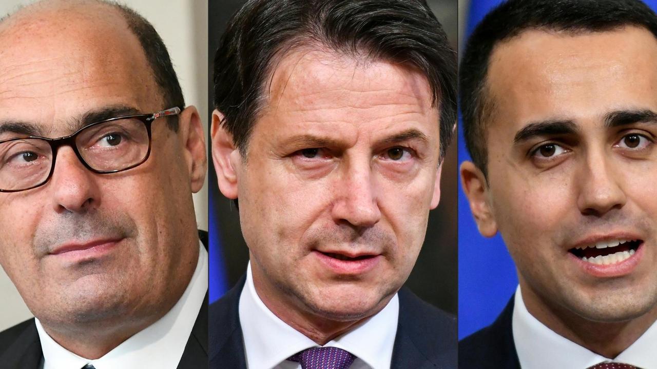 PD-Chef Zingaretti, der zurückgetretene Ministerpräsident Conte und Fünf-Sterne-Chef Di Maio (v.l.) PD-Chef Zingaretti, der zurückgetretene Ministerpräsident Conte und Fünf-Sterne-Chef Di Maio (v.l.)
